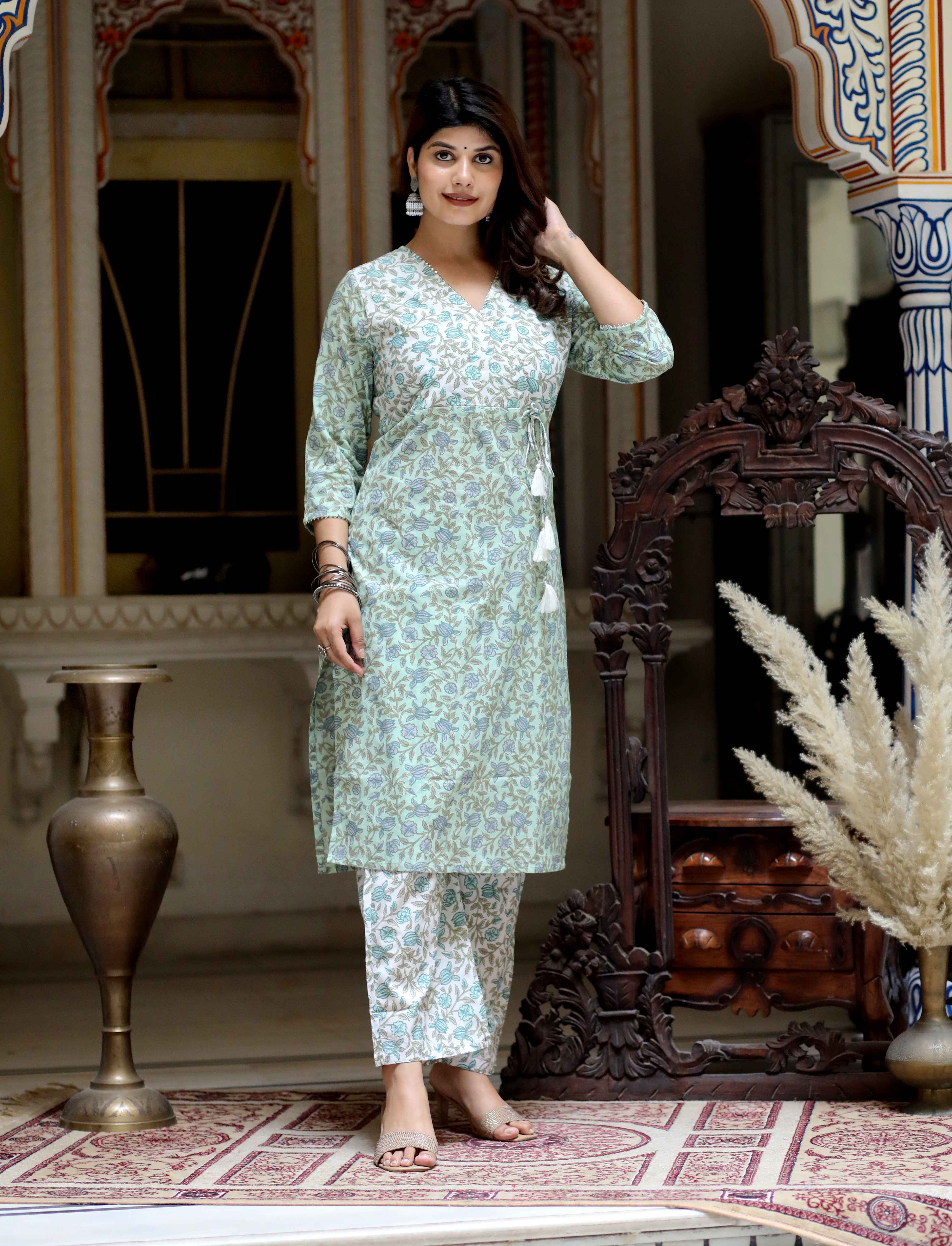 Green Hand Block Printed Cotton Angrakha Kurta with Palazzo Set